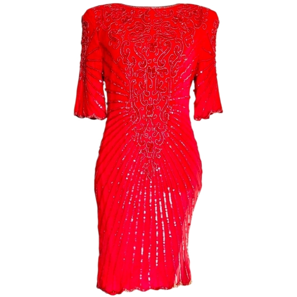 Vintage 70s Silk Sequin Valentines Party Size 6 Cherry Red Midi Dress Sz S